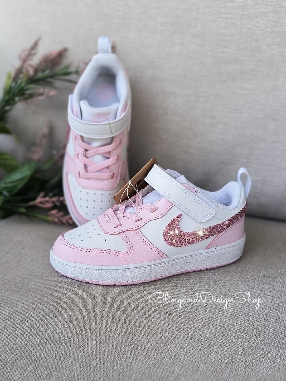 Swarovski Nike Court Borough Low Recraft Girls Toddler Bling Sneakers Pink White